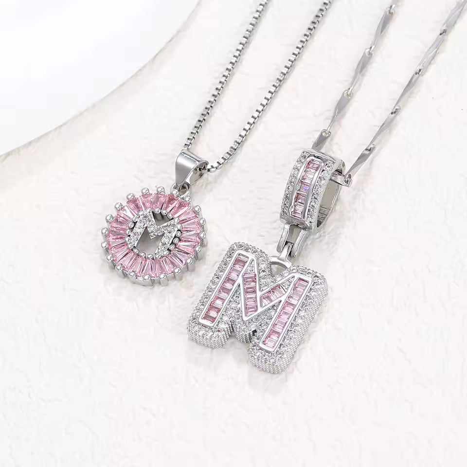 Pink Zircon Double Initial Stack Necklace